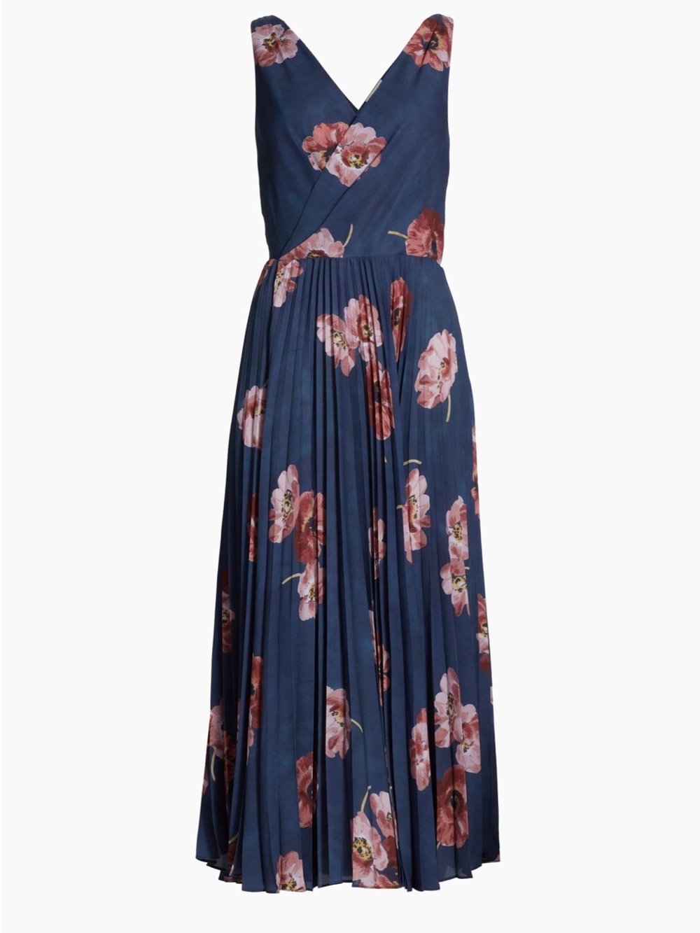 NWT VINCE. BLUE PLEATED V NECK MAXI DRESS WITH PINK FLORAL DETAILS